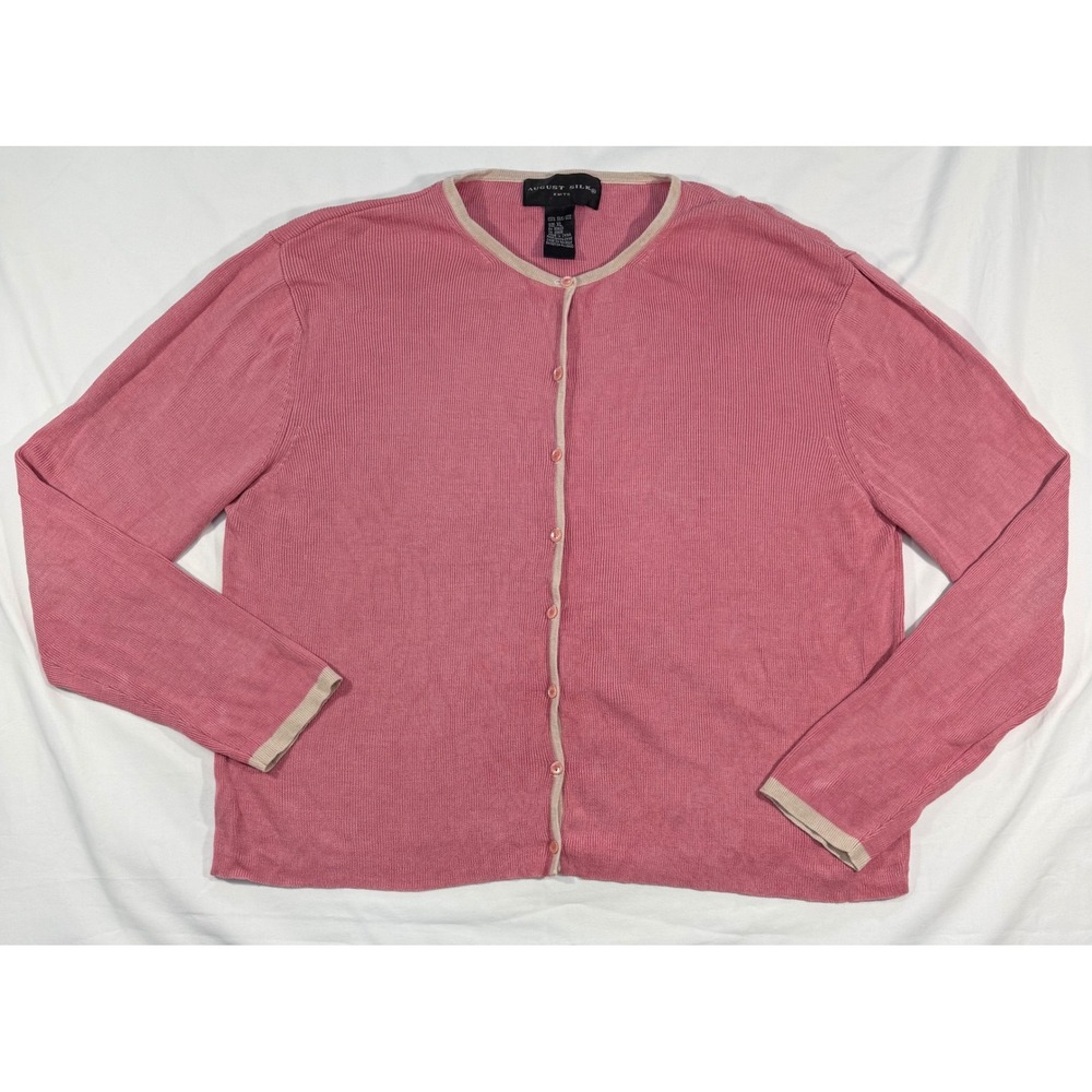 August Silk Knits Pink 100% Silk Button Front Cardigan Sweater XL Rose Cream